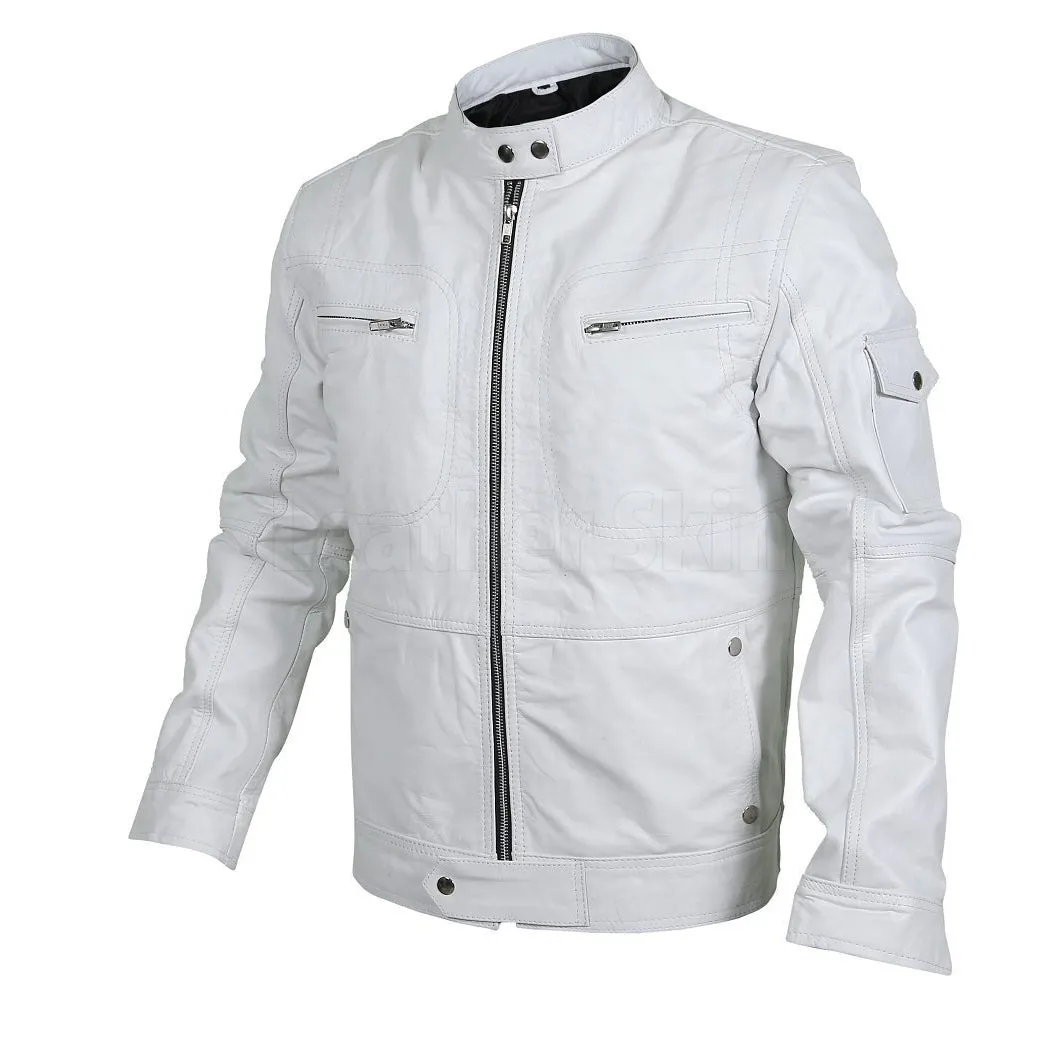 Flawless White Bomber Leather Racer Jacket - Leather Skin Shop