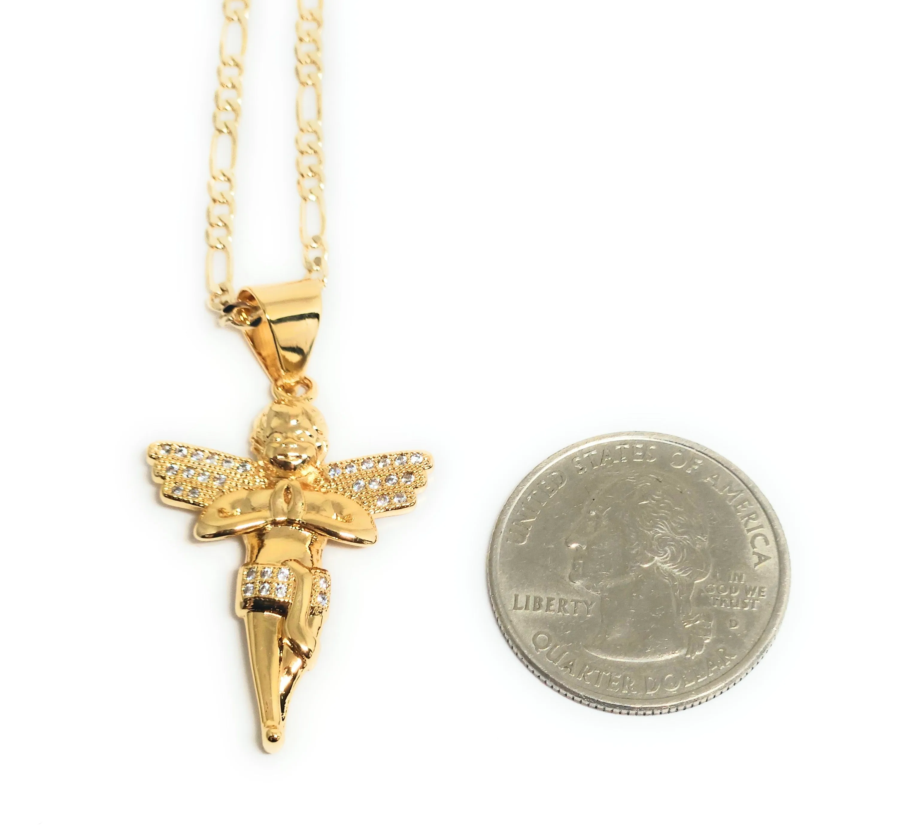 Gold Plated Angel CZ ICED OUT Pendant Necklace 24 Figaro Chain (SM,MED)