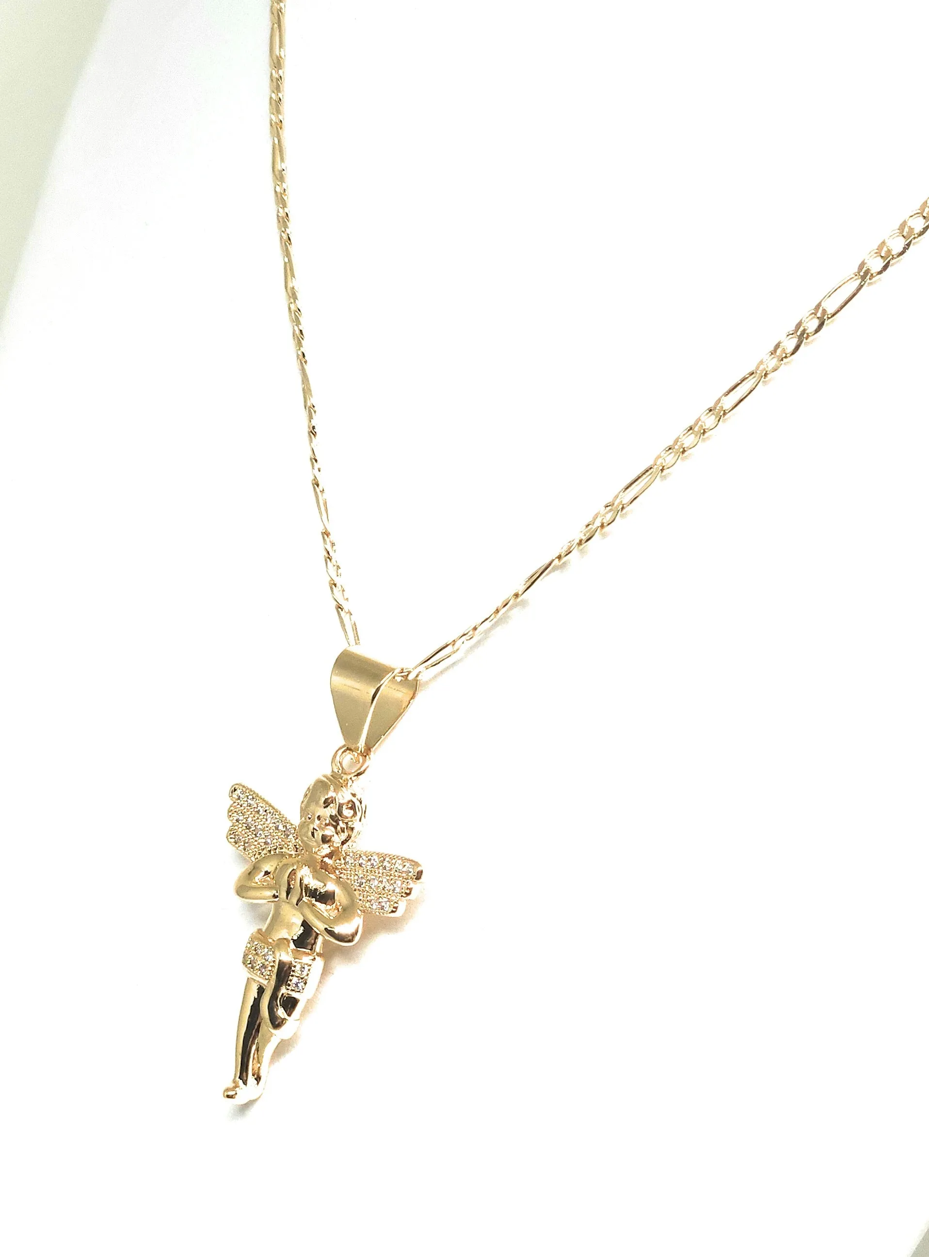 Gold Plated Angel CZ ICED OUT Pendant Necklace 24 Figaro Chain (SM,MED)