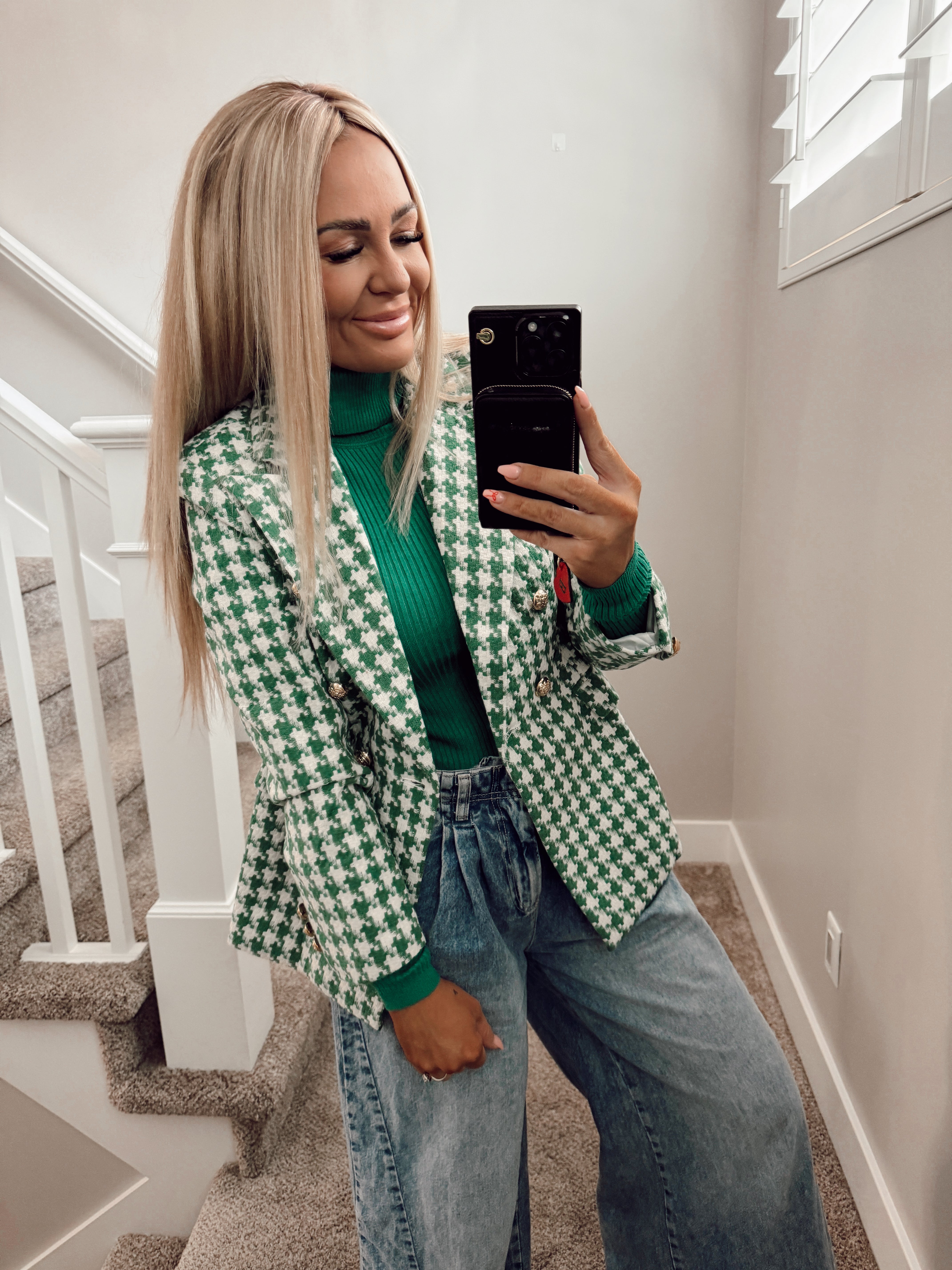 Green houndstooth blazer