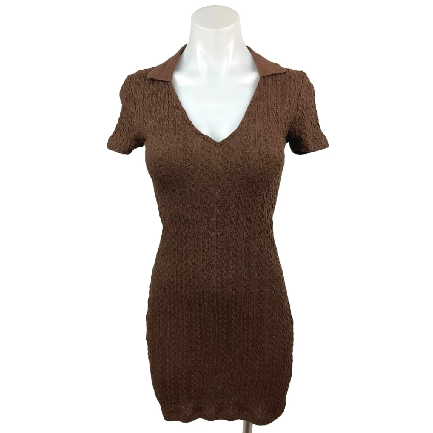 H&M Divided Brown Cable Knit V-neck Short Sleeve Mini Bodycon Sweater Dress S