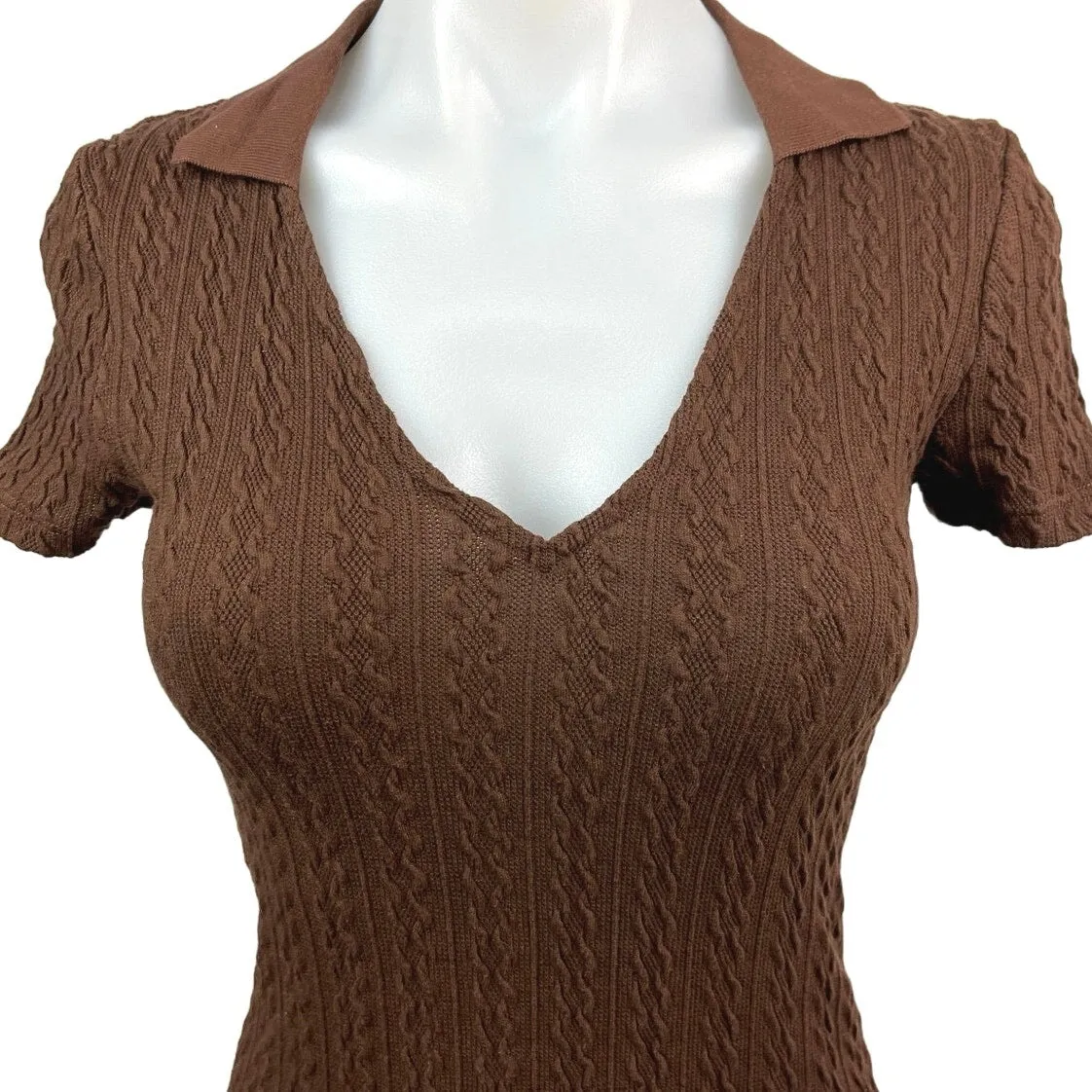 H&M Divided Brown Cable Knit V-neck Short Sleeve Mini Bodycon Sweater Dress S