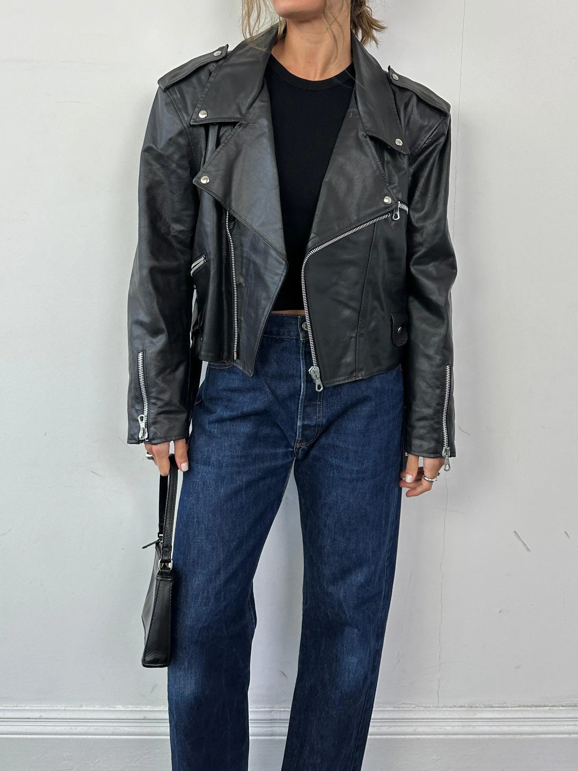 Italian Vintage Cropped Leather Biker Jacket - M