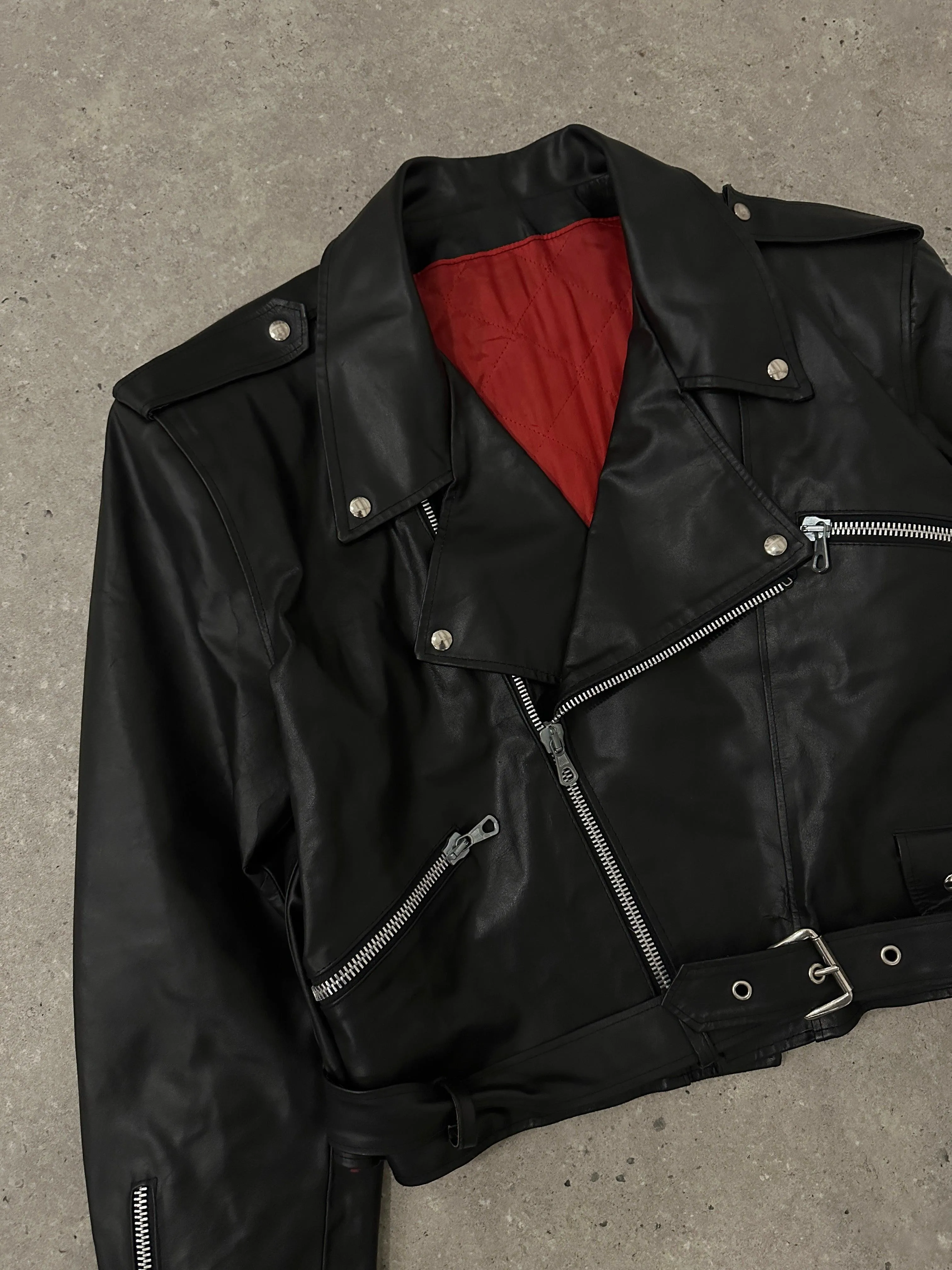 Italian Vintage Cropped Leather Biker Jacket - M