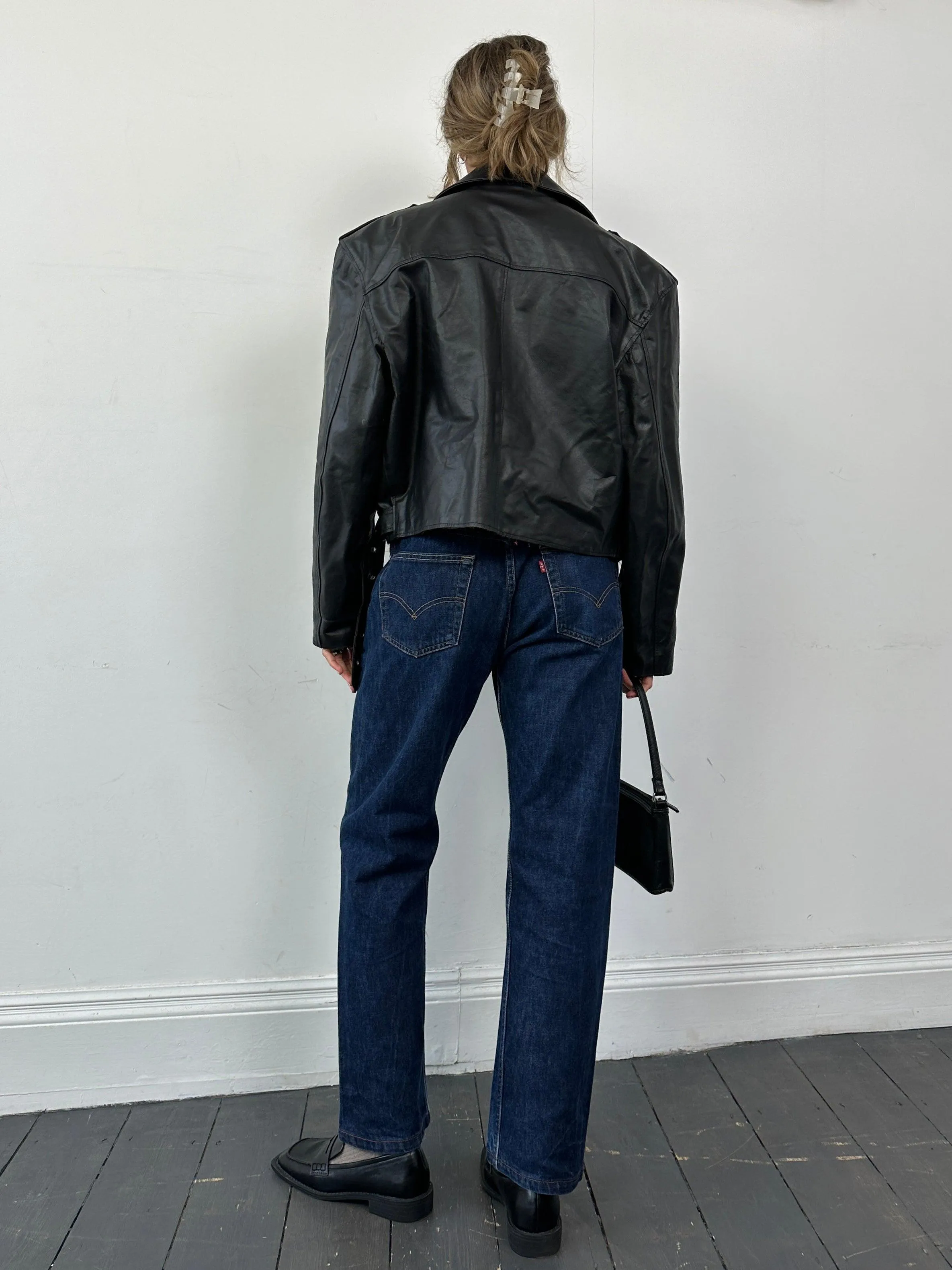 Italian Vintage Cropped Leather Biker Jacket - M