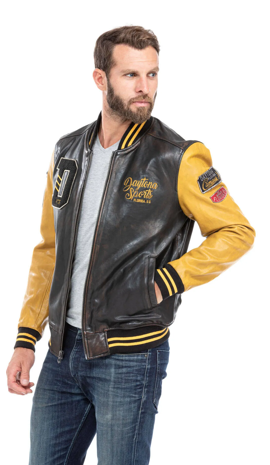 Jacket leather man black and yellow style teddy 101489