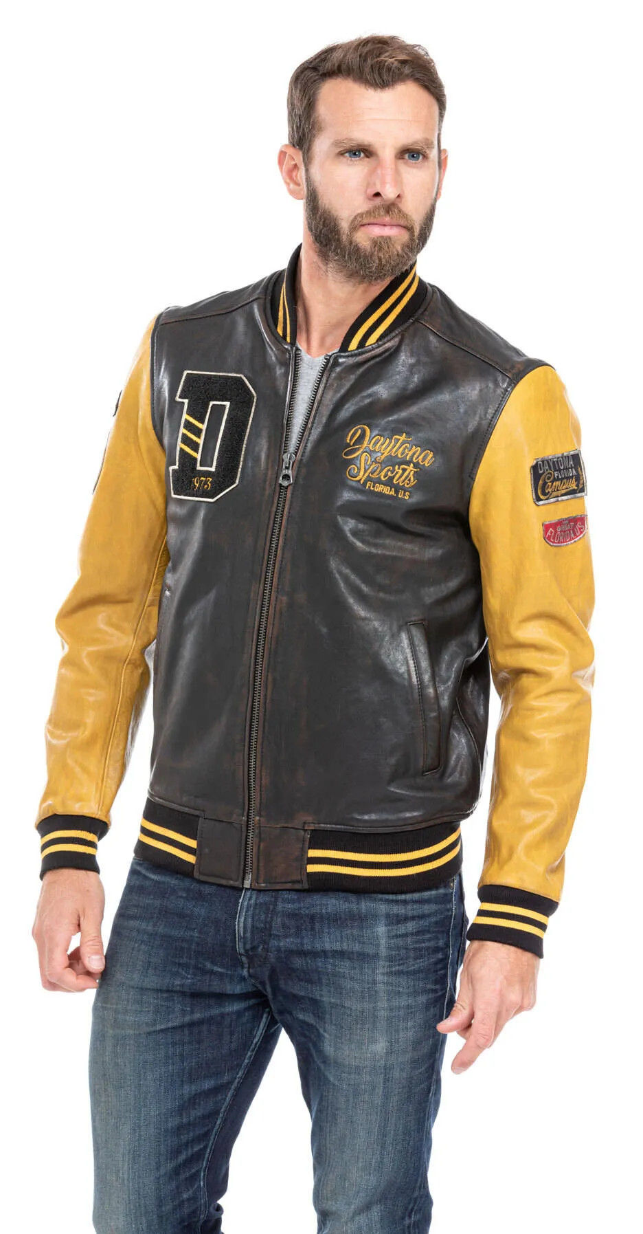 Jacket leather man black and yellow style teddy 101489