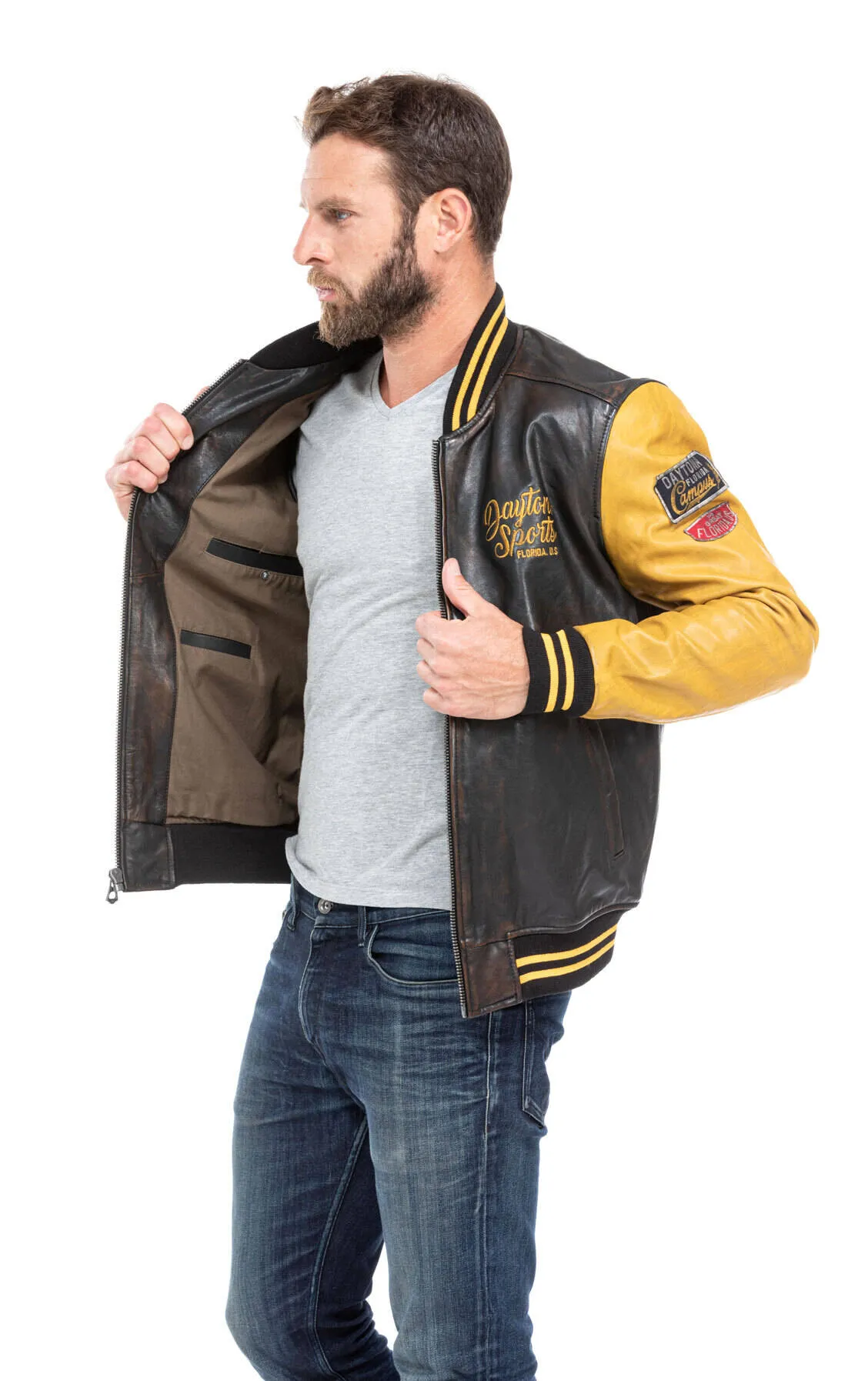 Jacket leather man black and yellow style teddy 101489