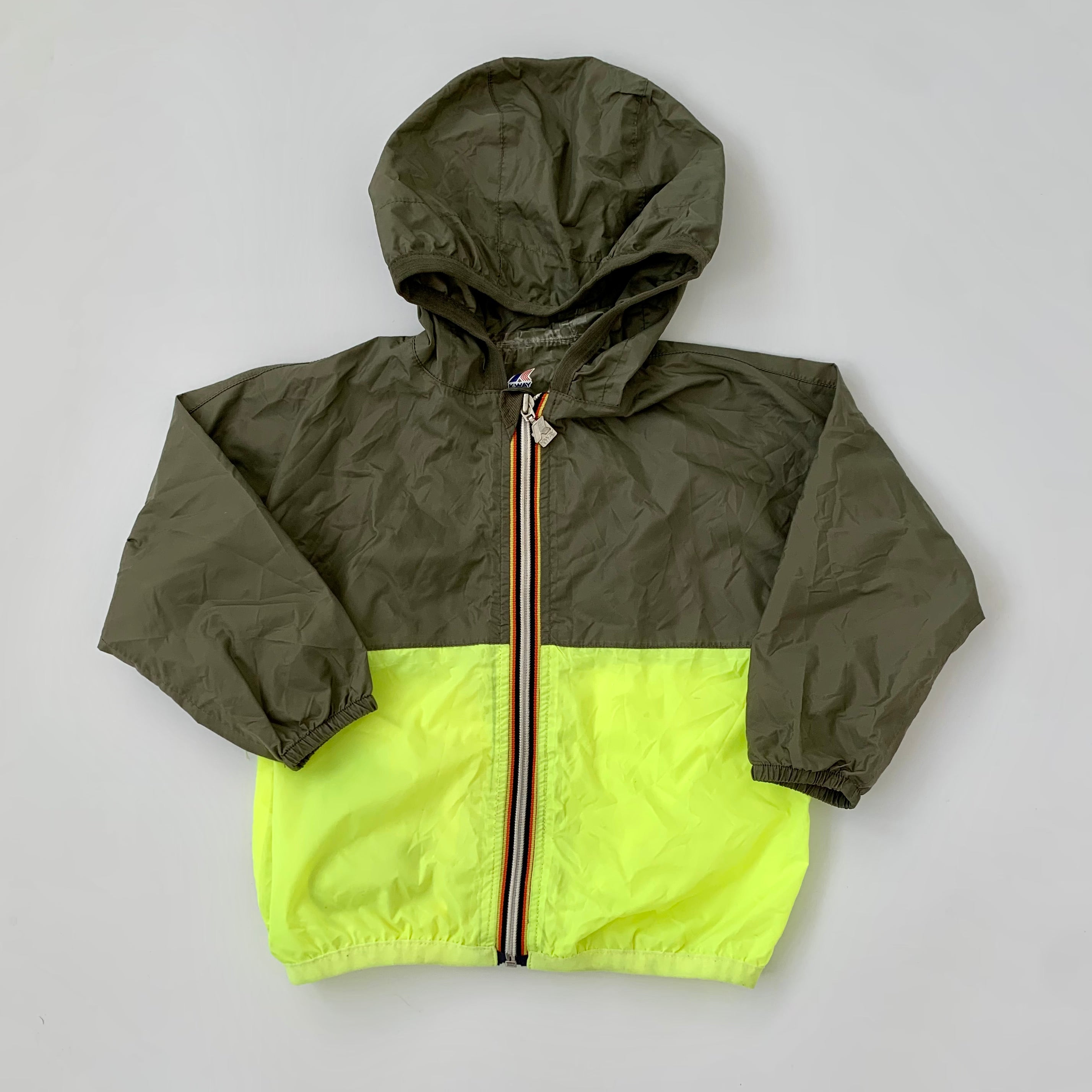 K-Way X J-Crew Khaki and Neon Packaway Rain Jacket: 2 Years