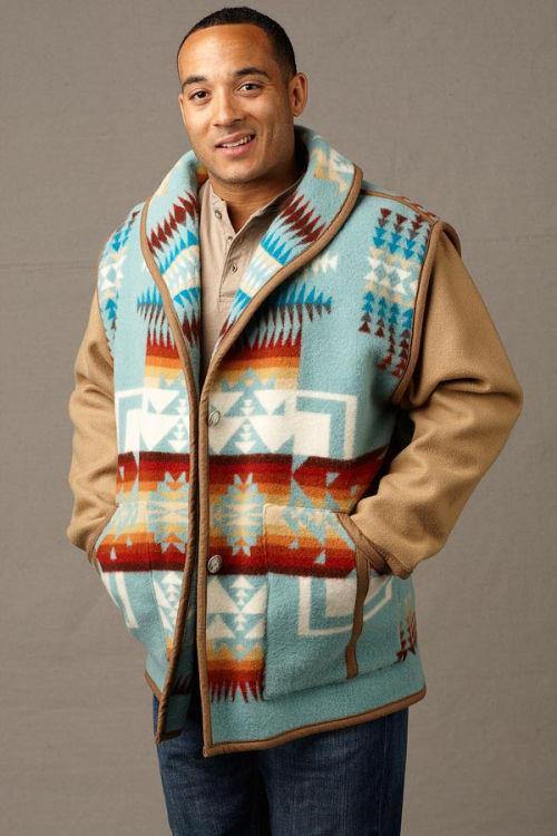 Kraff’s Reversible Wool Car Coat, Chief Joseph Aqua, Plain Sleeves