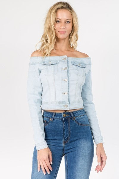 Ladies Light Blue Off Shoulder Cropped Denim Jacket