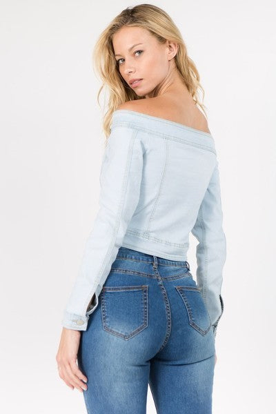 Ladies Light Blue Off Shoulder Cropped Denim Jacket