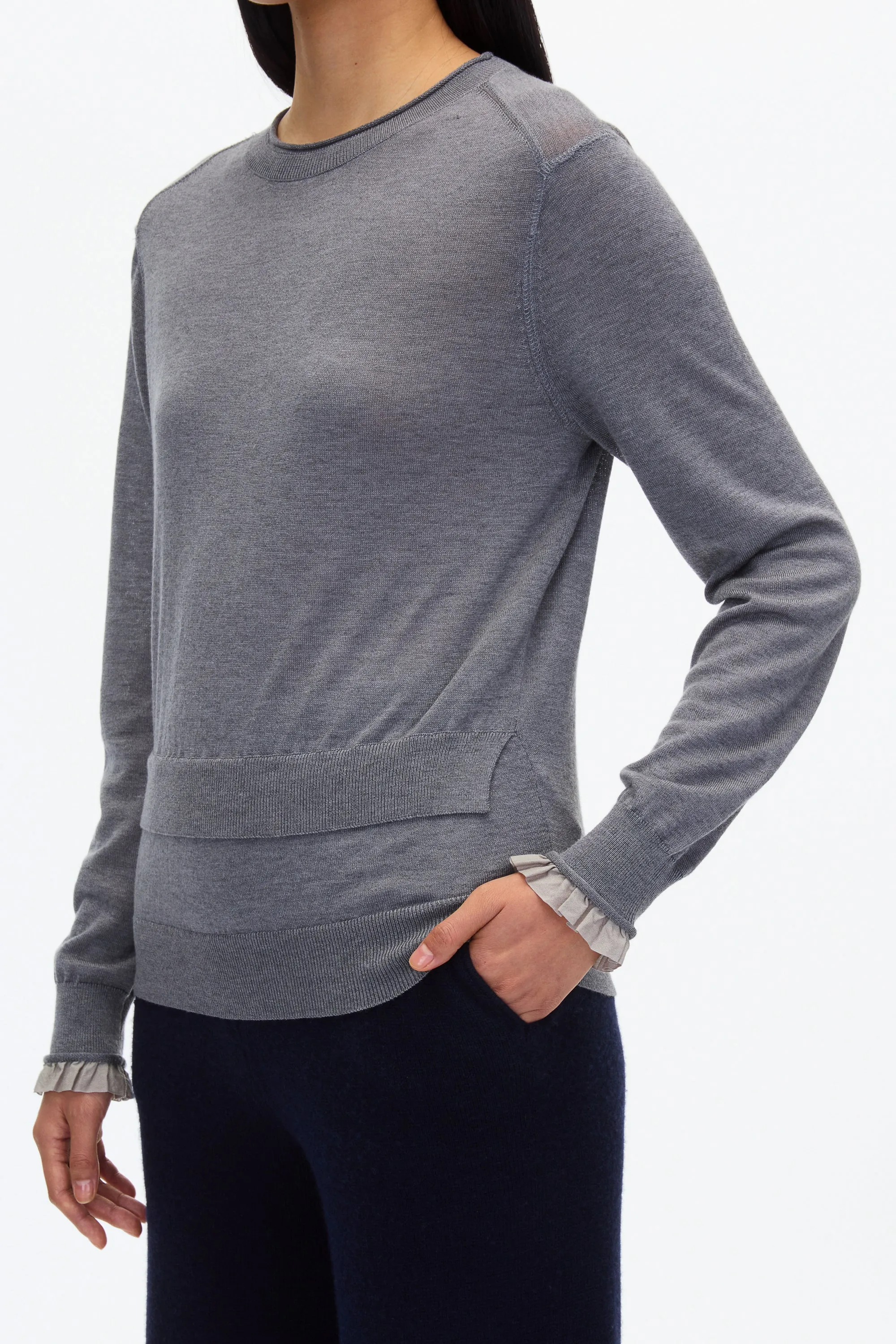 Layered Wool Silk Crew Sweater w Chiffon Cuff