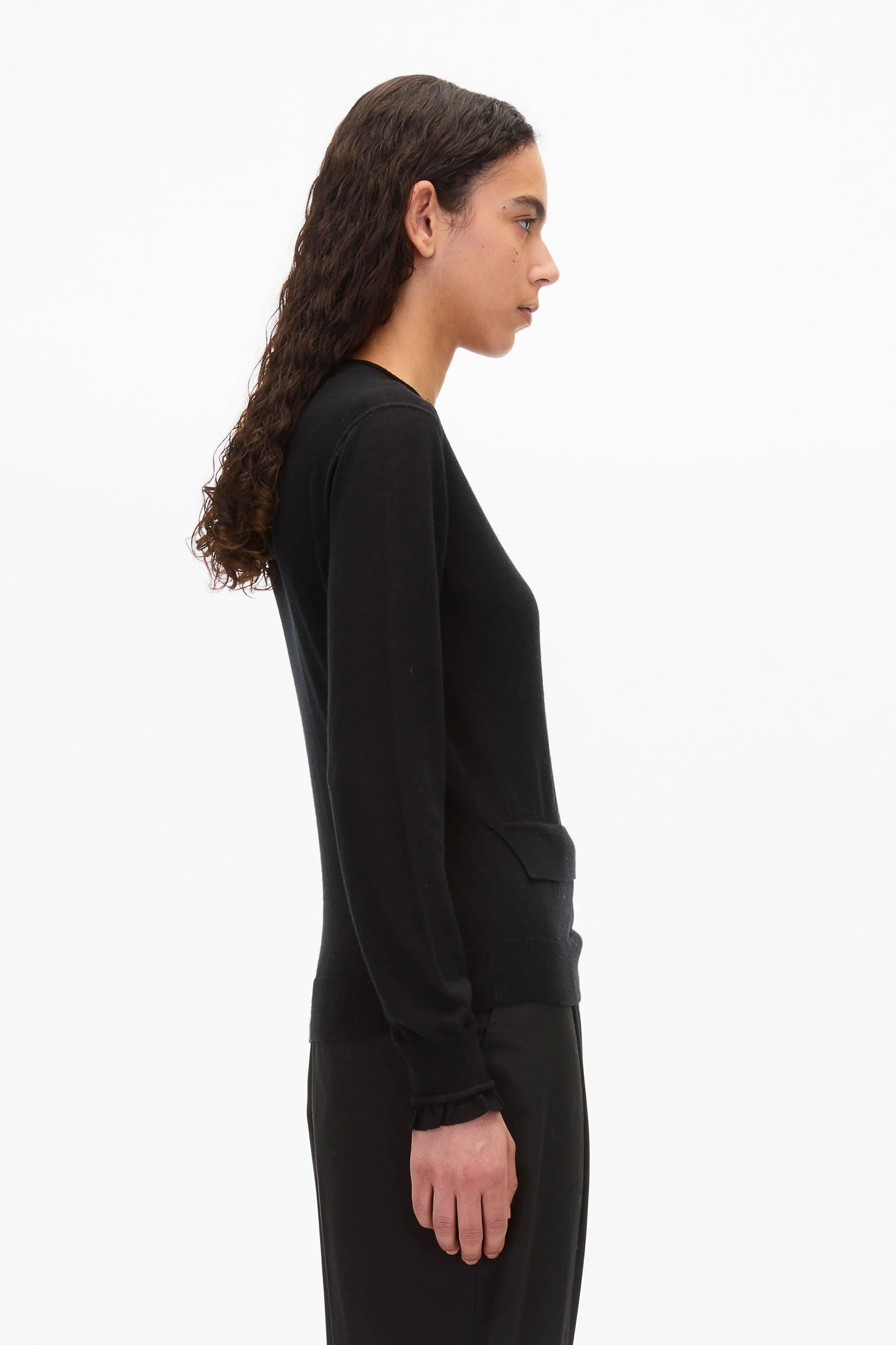 Layered Wool Silk Crew Sweater w Chiffon Cuff