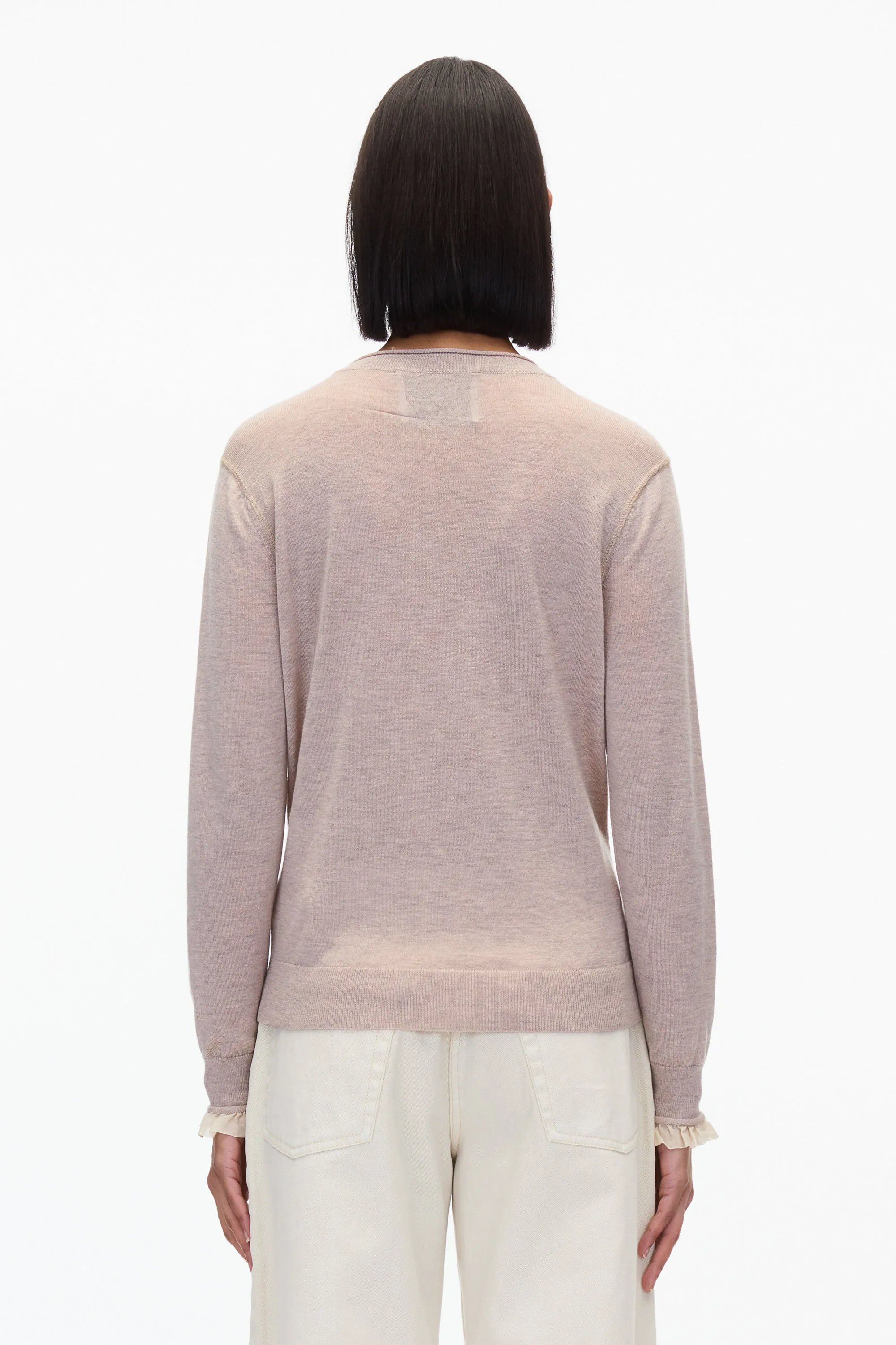 Layered Wool Silk Crew Sweater w Chiffon Cuff