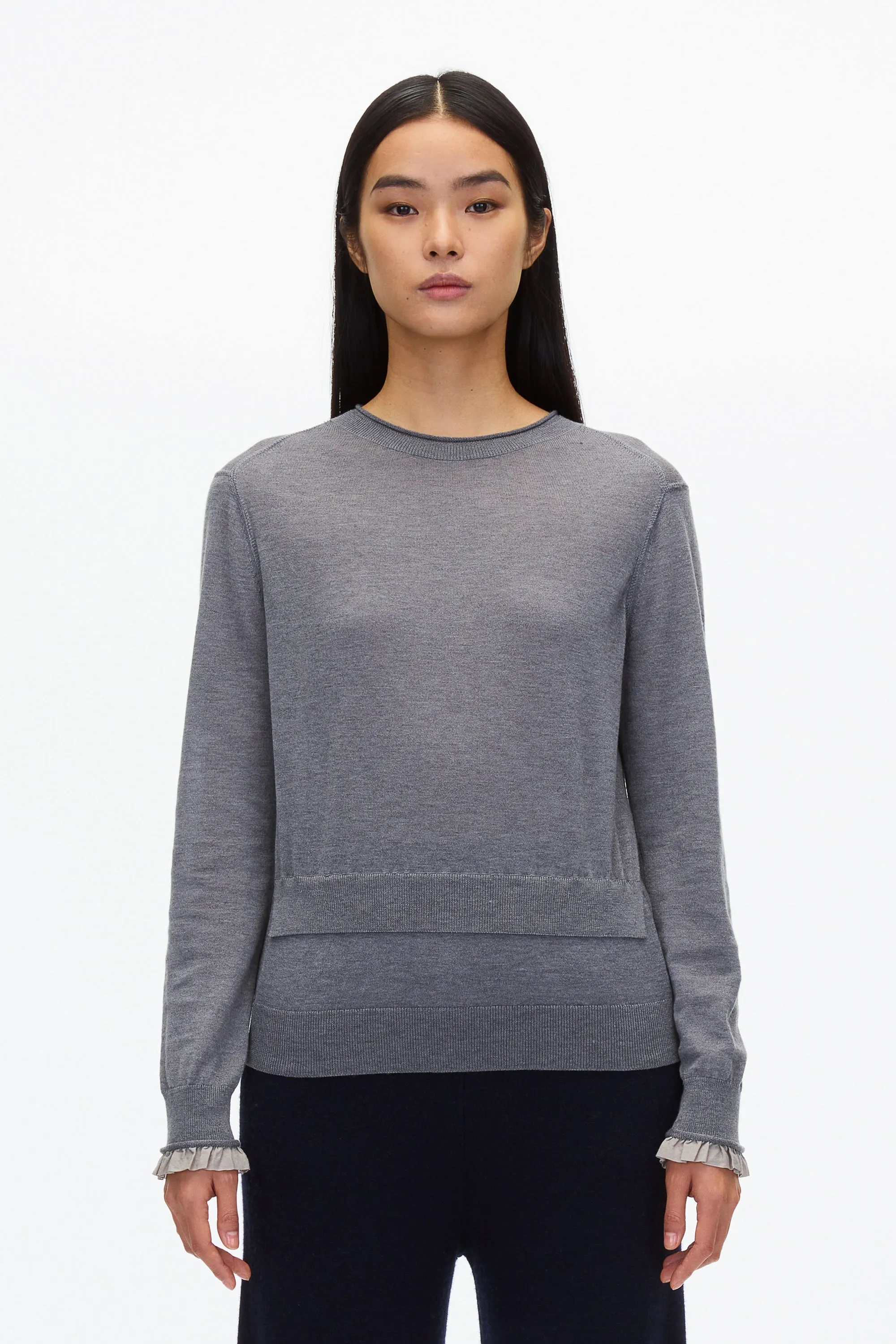 Layered Wool Silk Crew Sweater w Chiffon Cuff