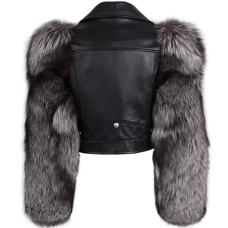 Leather Biker Jacket With Fluffy Fur Sleeves