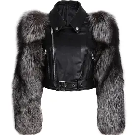 Leather Biker Jacket With Fluffy Fur Sleeves