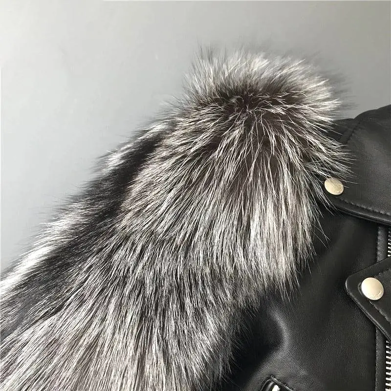 Leather Biker Jacket With Fluffy Fur Sleeves