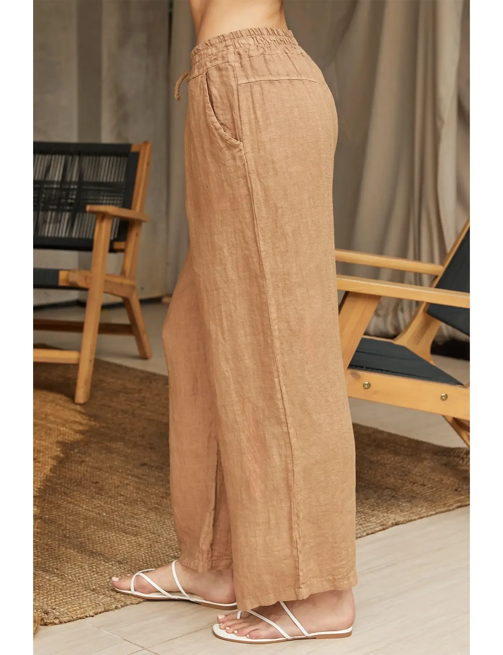 Linen Waist Tie Pants w/Pockets, Camel