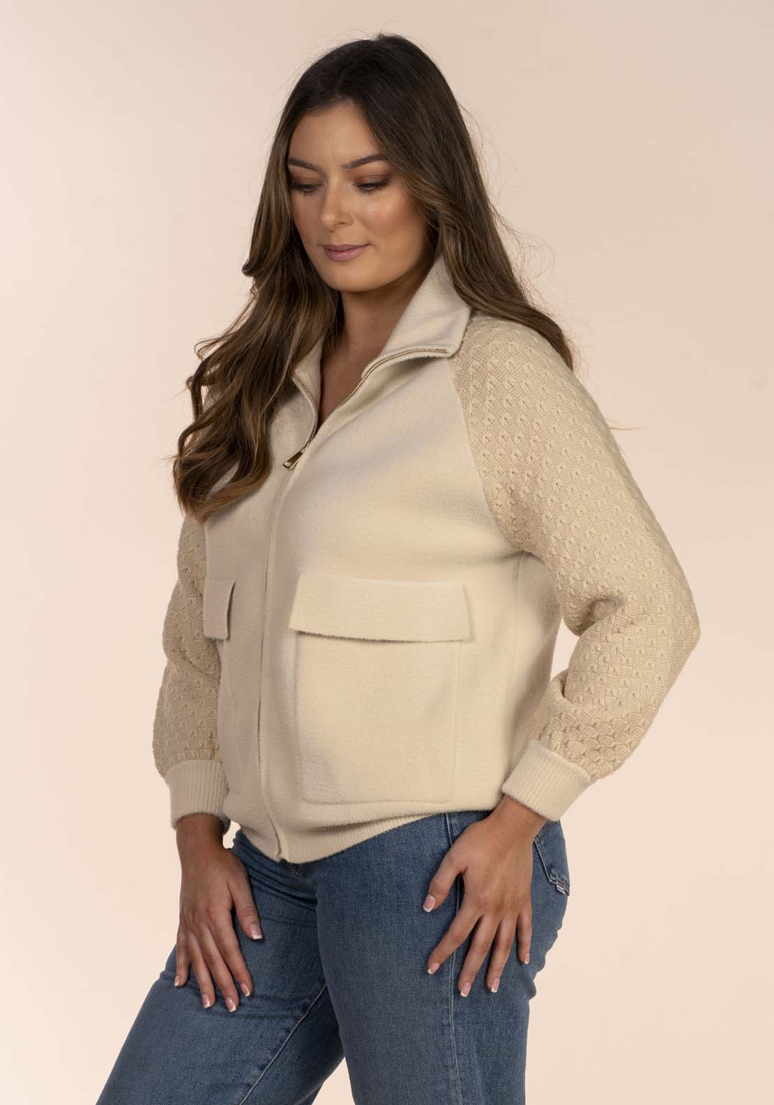 Long Sleeve Raglan Zipfront Jacket - Beige