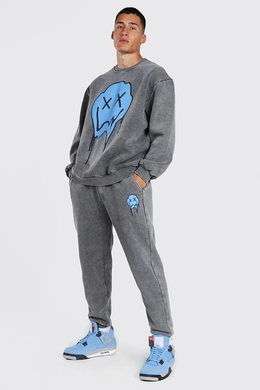 Loose Acid Wash Drip Face Sweater Tracksuit