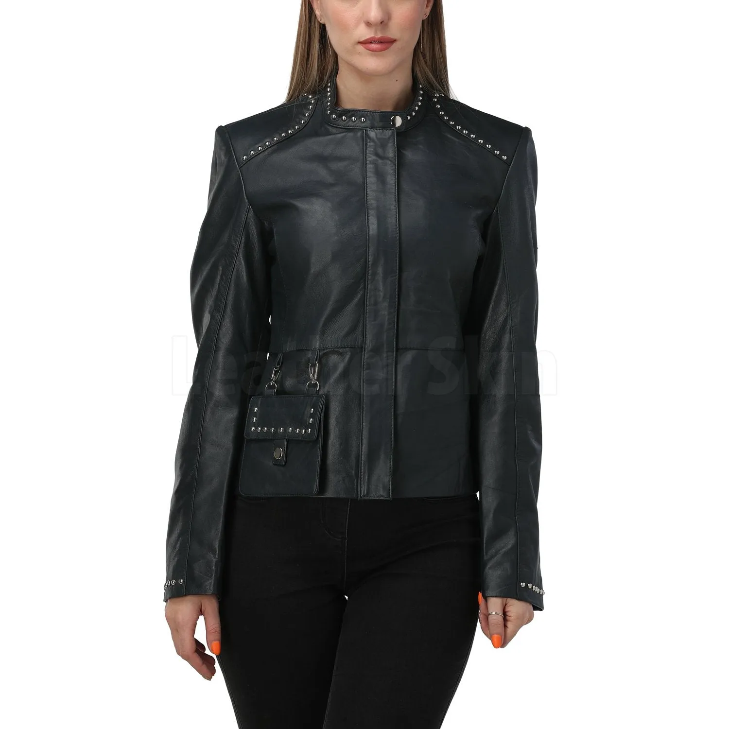 Luna Navy Blue Studded Leather Jacket - Leather Skin Shop