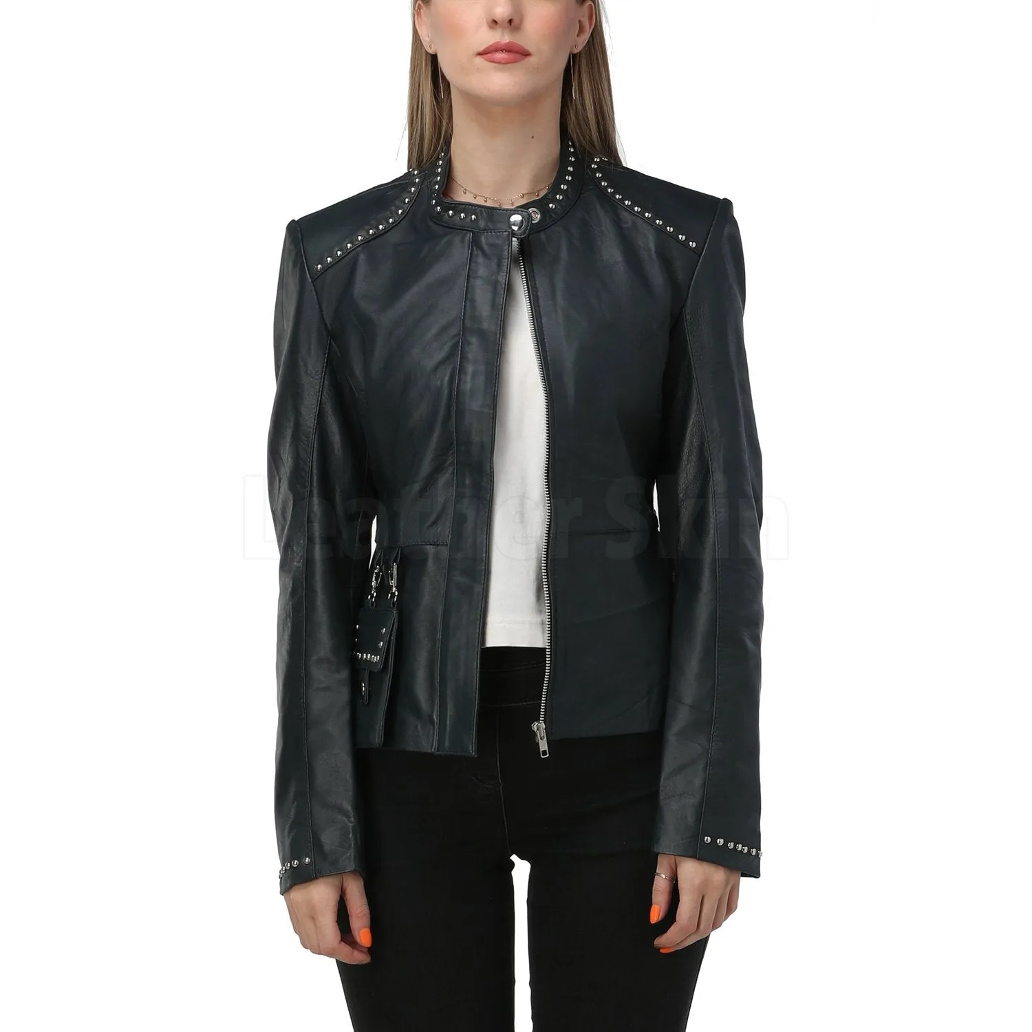 Luna Navy Blue Studded Leather Jacket - Leather Skin Shop