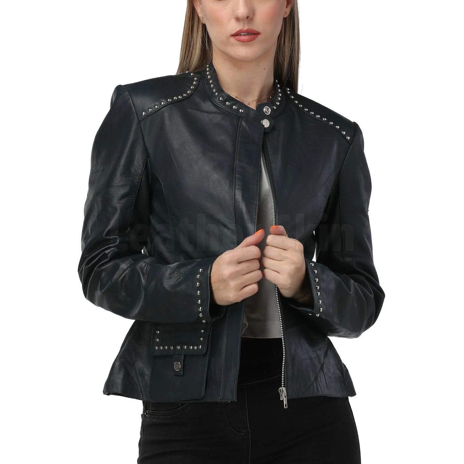 Luna Navy Blue Studded Leather Jacket - Leather Skin Shop