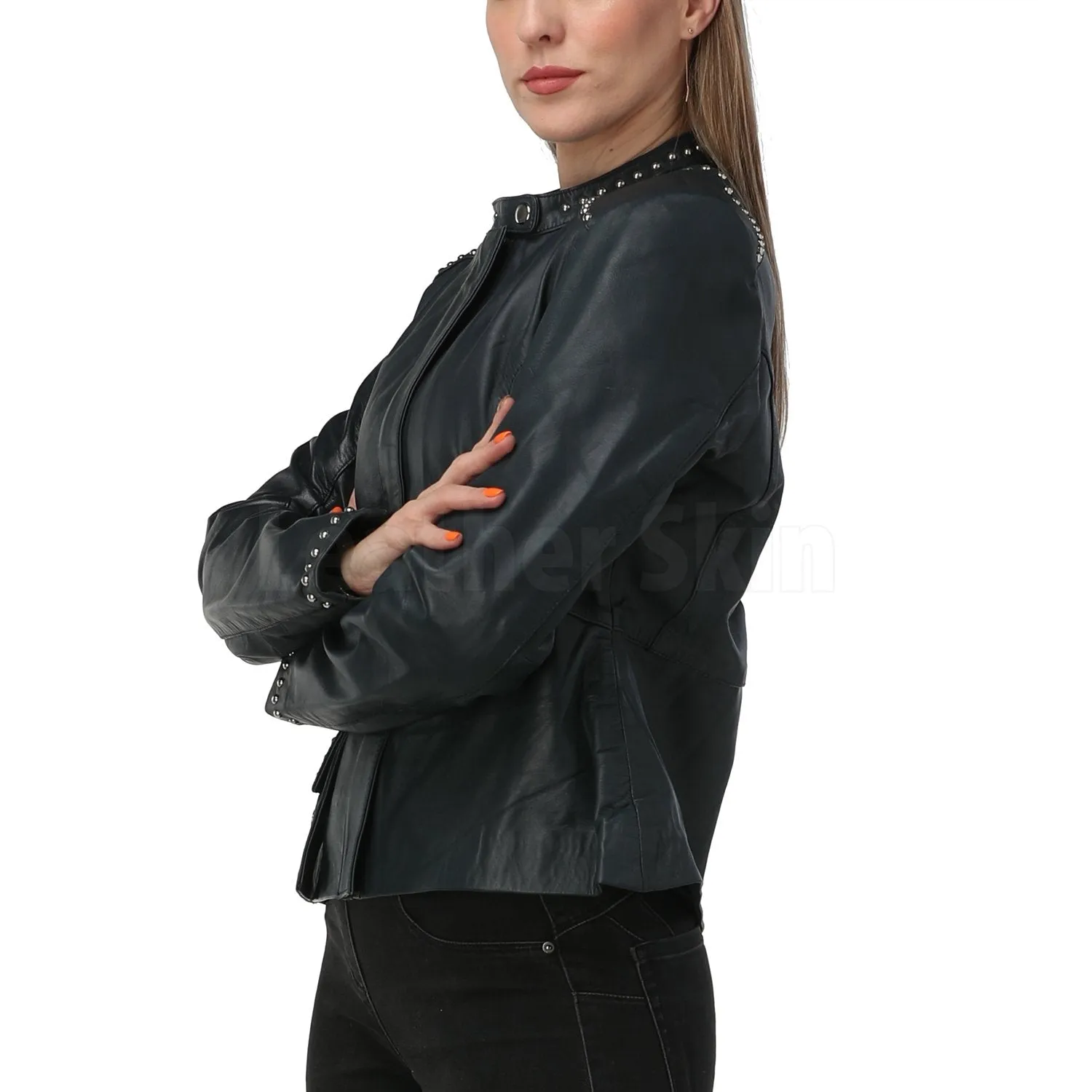 Luna Navy Blue Studded Leather Jacket - Leather Skin Shop