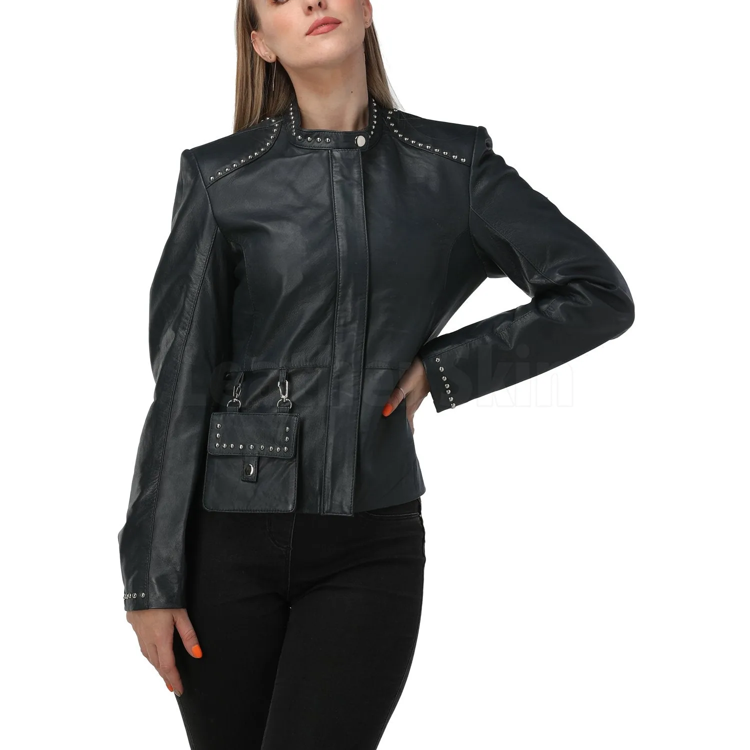 Luna Navy Blue Studded Leather Jacket - Leather Skin Shop