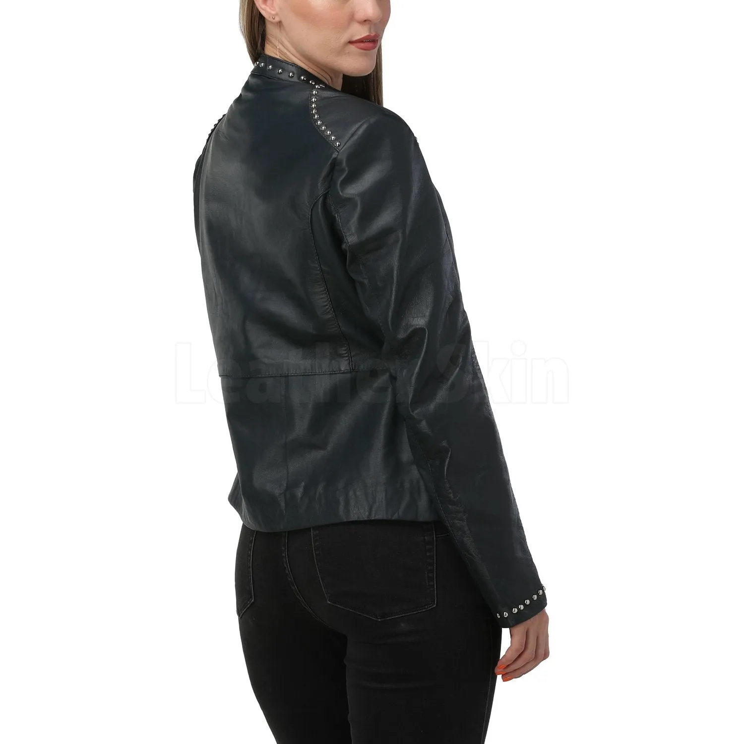 Luna Navy Blue Studded Leather Jacket - Leather Skin Shop