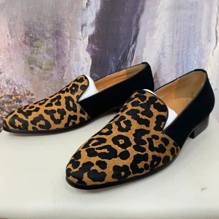 Luxury Genuine Leather Leopard Printed Slip-on Casual Loafers for Men