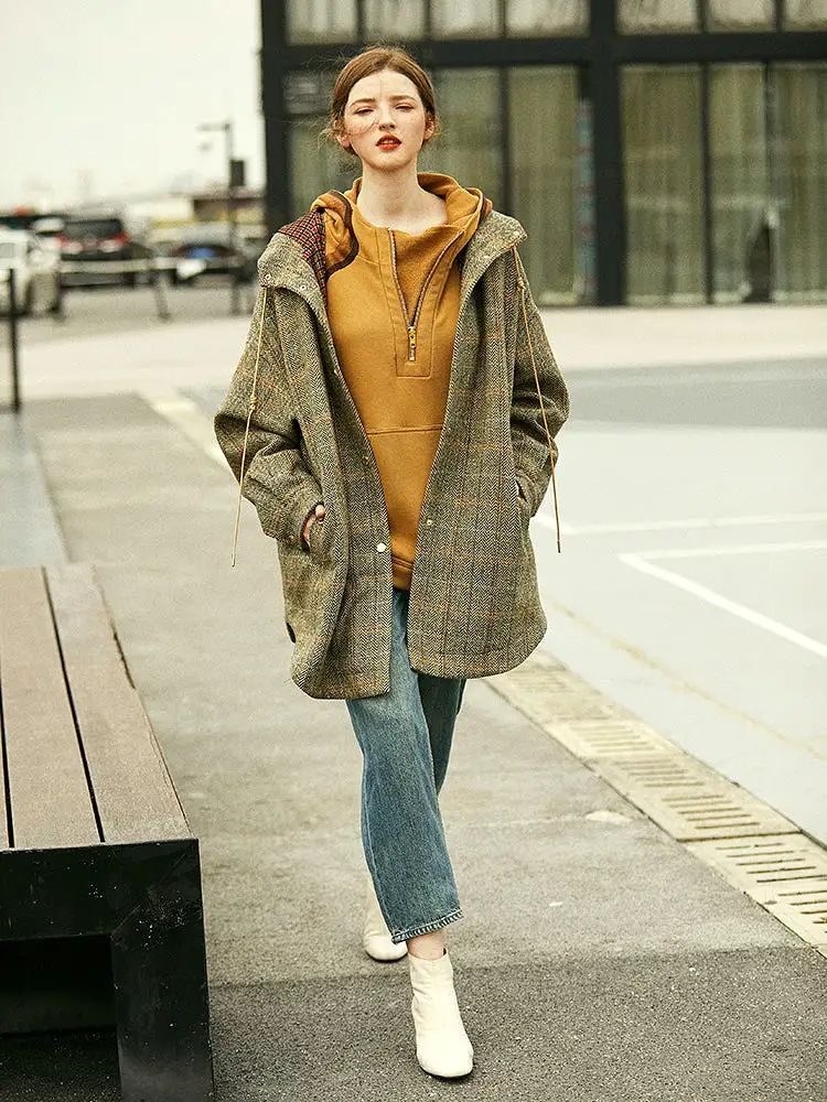 Luxury Heavy wool plaid coat women's loose silhouette hooded coat