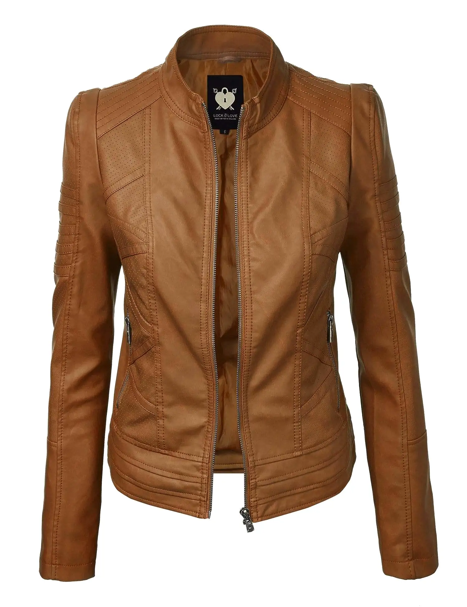 Made By Johnny MBJ Womens Faux Leather Zip Up Moto Biker Jacket with Stitching Detail