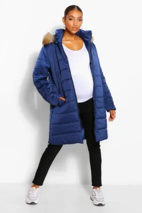 Maternity Padded Faux Fur Trim Coat