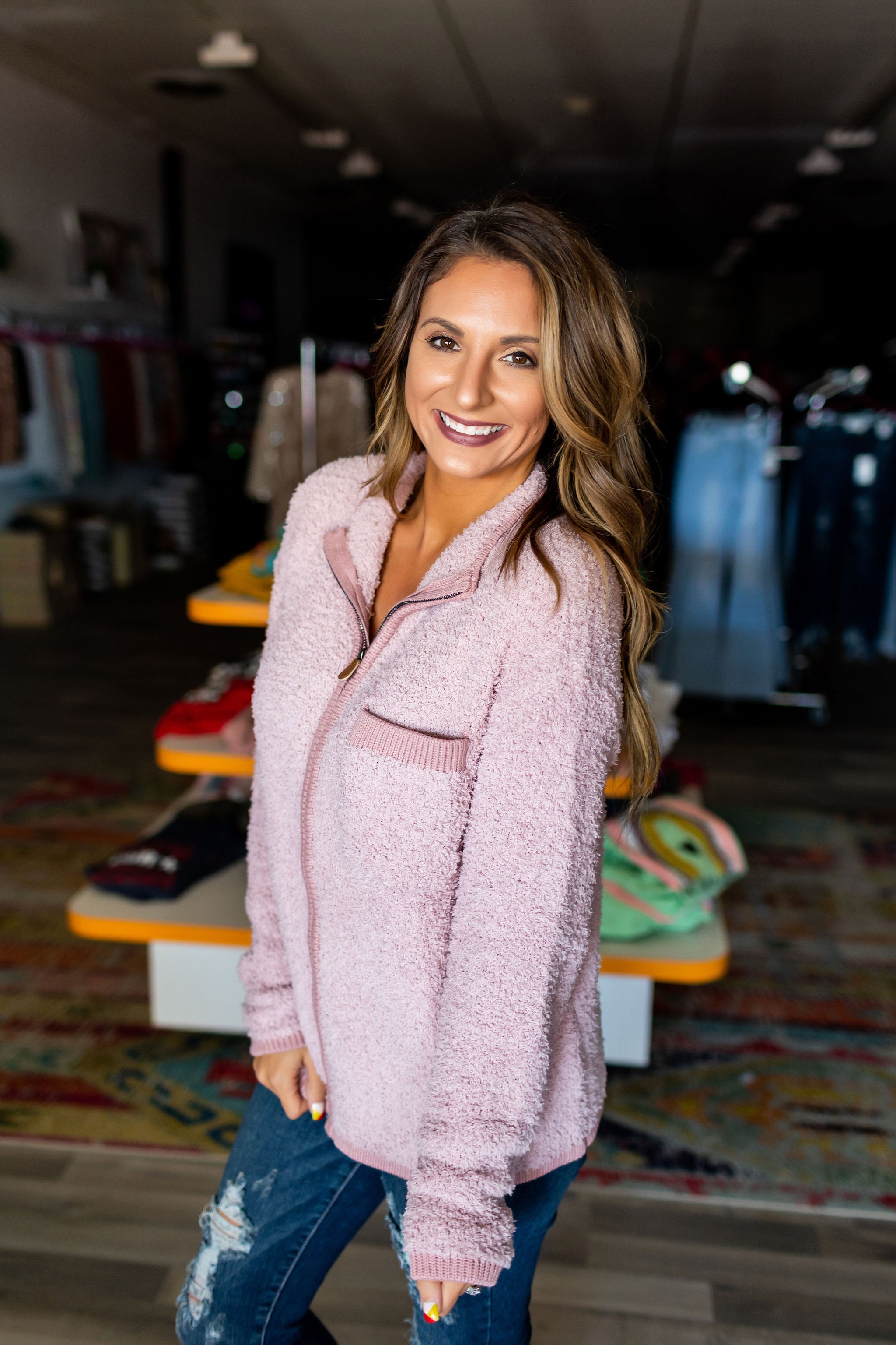 Mauve Sherpa Front Zip Sweater