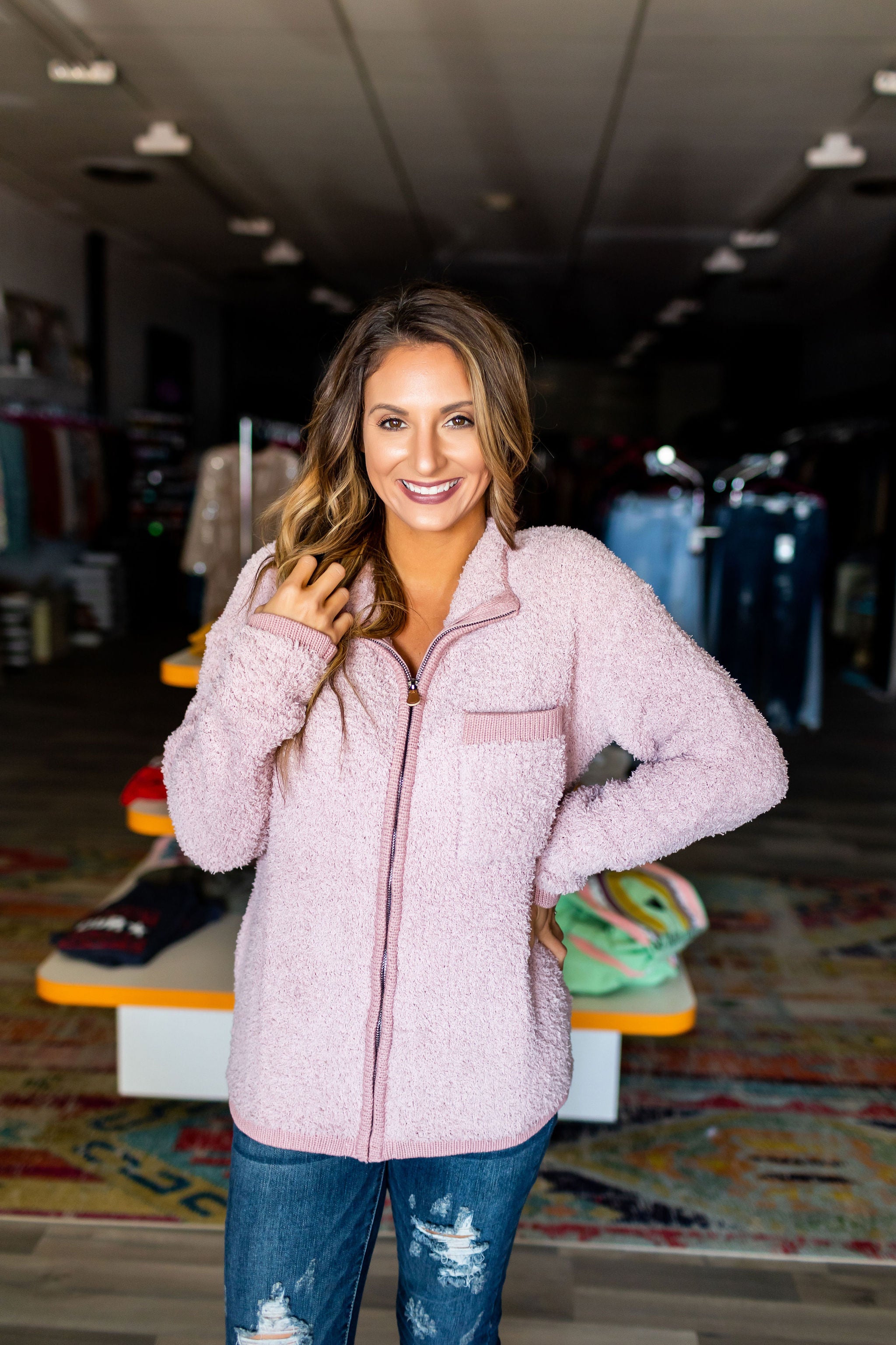 Mauve Sherpa Front Zip Sweater