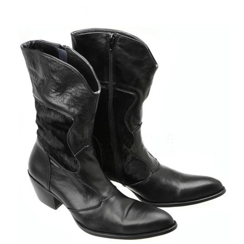 Men's Vintage Black Pointed Toe Genuine Leather Knee-High Boots