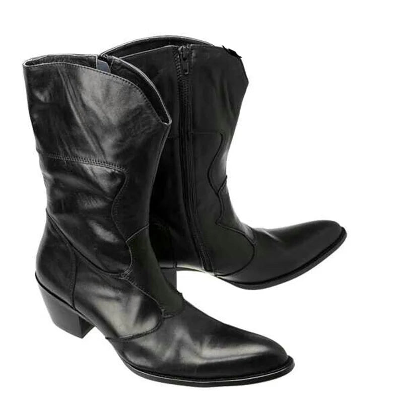 Men's Vintage Black Pointed Toe Genuine Leather Knee-High Boots