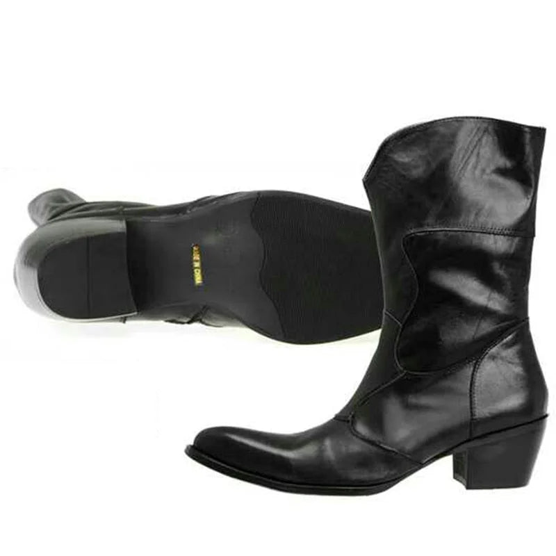 Men's Vintage Black Pointed Toe Genuine Leather Knee-High Boots