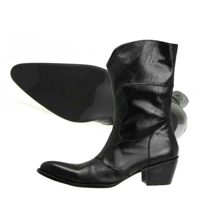 Men's Vintage Black Pointed Toe Genuine Leather Knee-High Boots