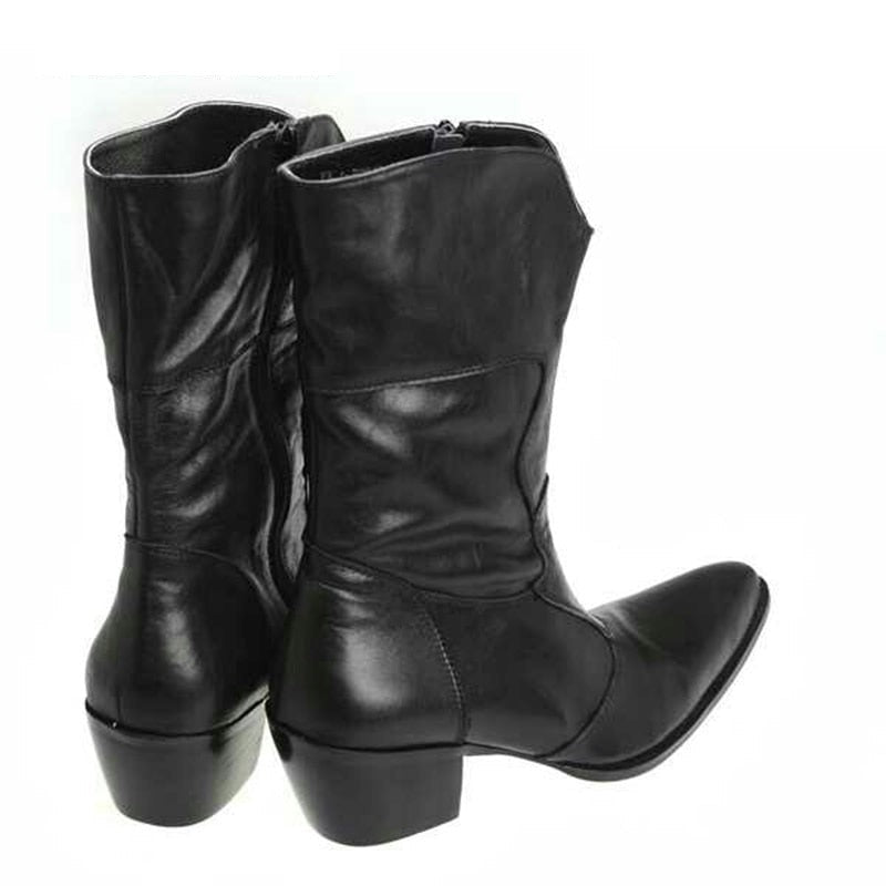 Men's Vintage Black Pointed Toe Genuine Leather Knee-High Boots