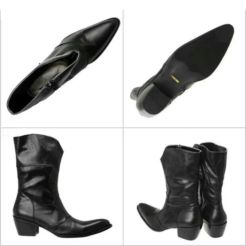 Men's Vintage Black Pointed Toe Genuine Leather Knee-High Boots