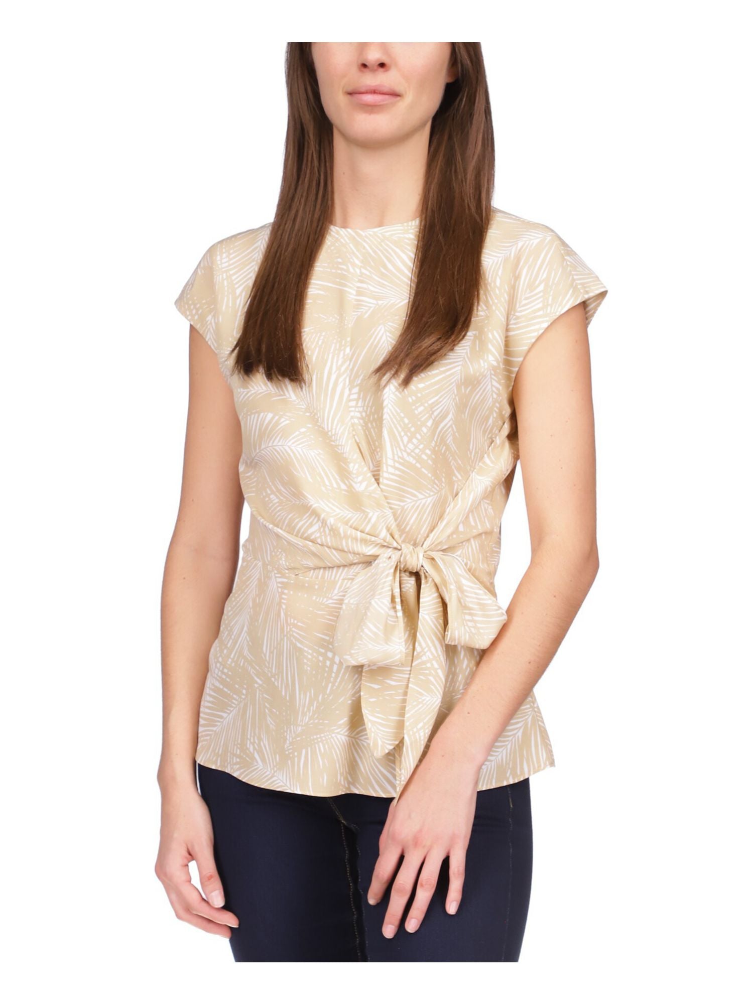 MICHAEL KORS Womens Beige Tie Sheer Keyhole Closure Round Hem Printed Cap Sleeve Crew Neck Wrap Top