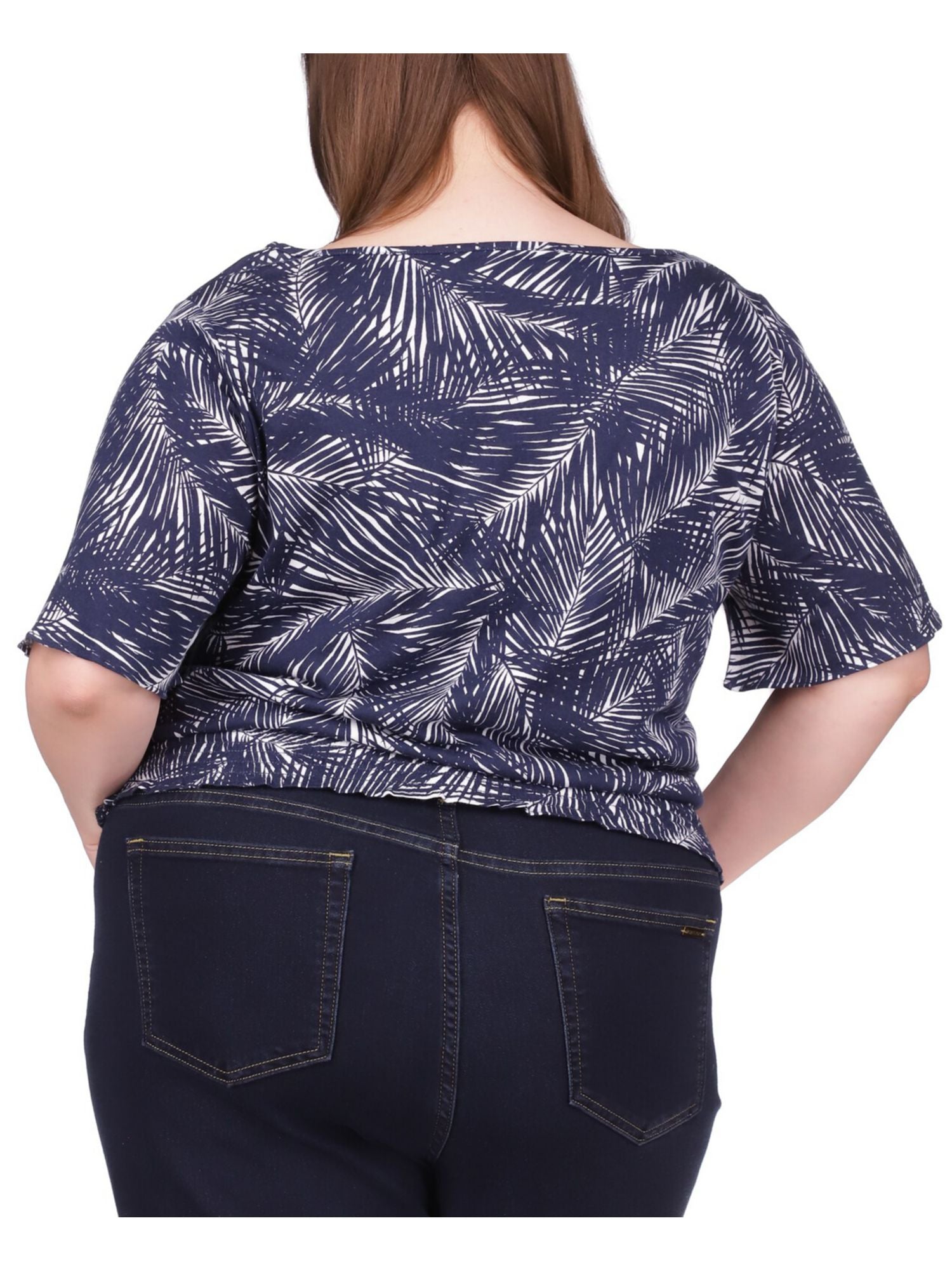 MICHAEL KORS Womens Navy Smocked Sheer Printed Short Sleeve Crew Neck Top