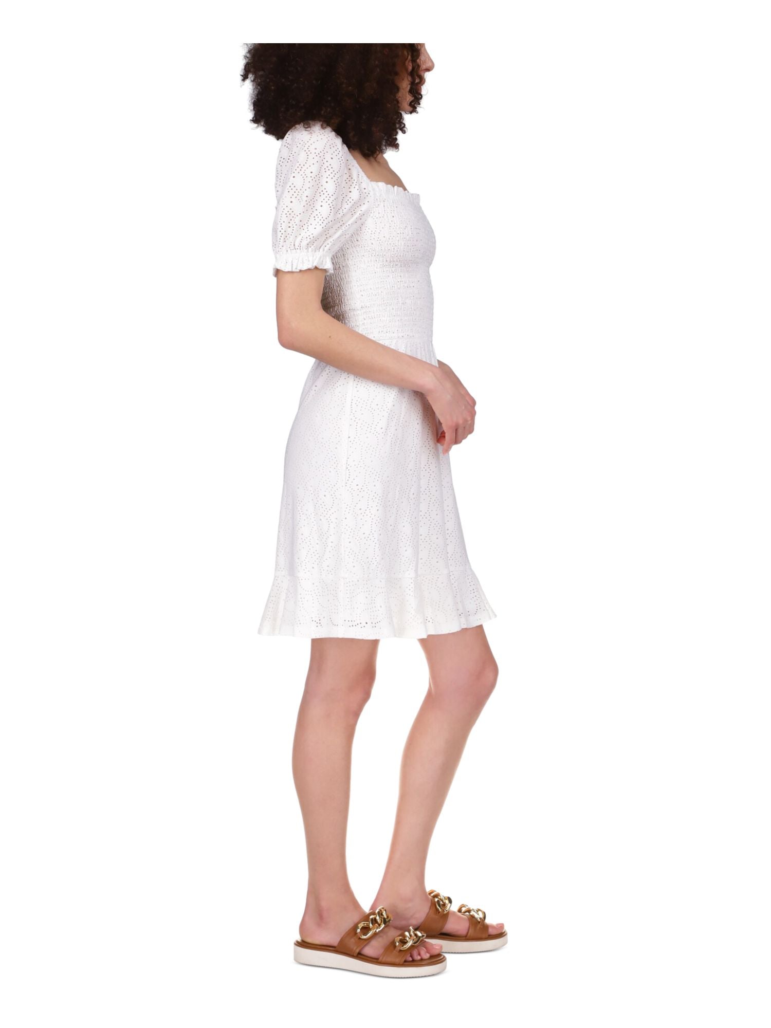 MICHAEL KORS Womens White Smocked Eyelet Peasant Dress Ruffled Logo Plate Pouf Sleeve Square Neck Above The Knee Dress