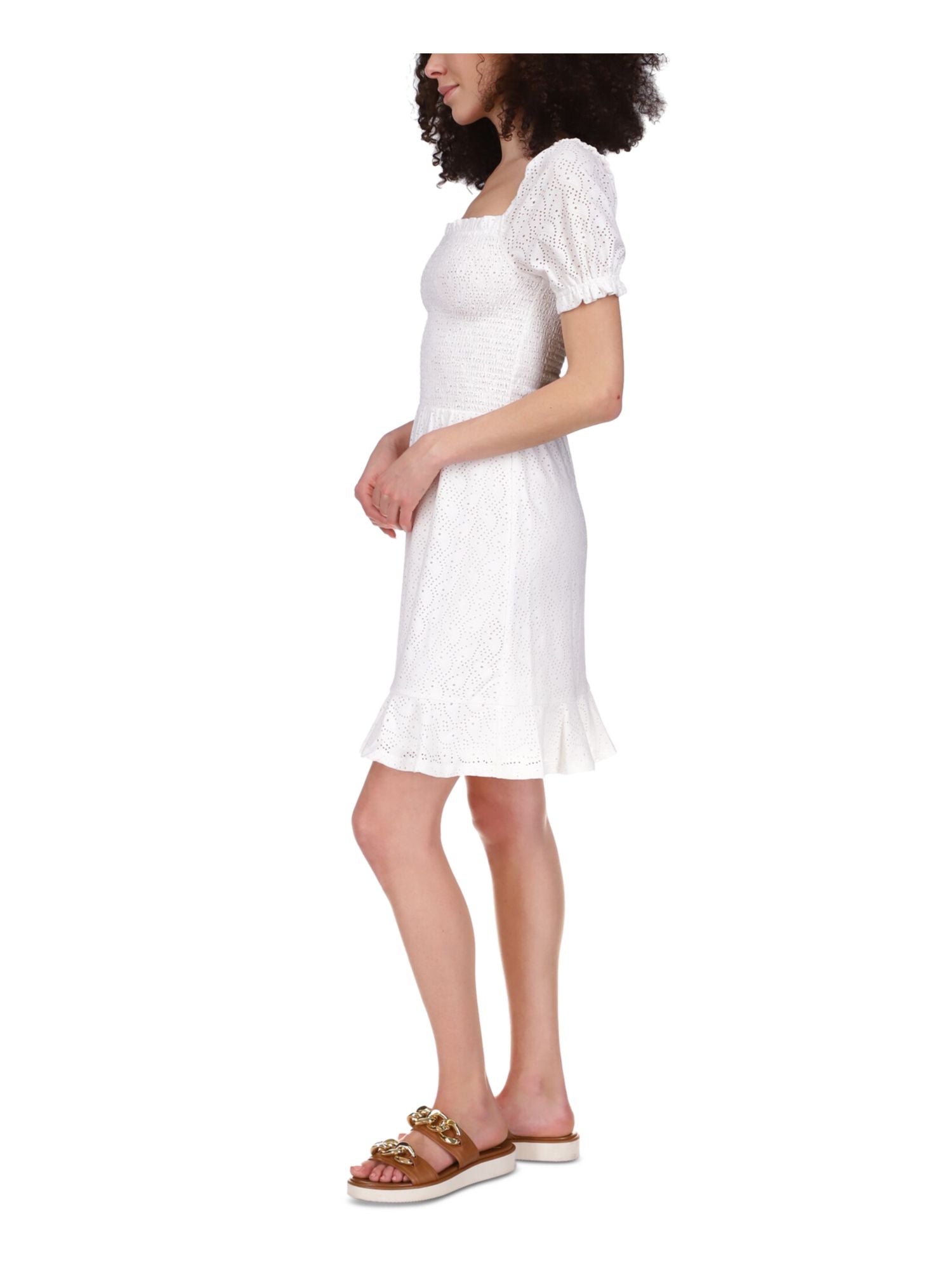 MICHAEL KORS Womens White Smocked Eyelet Peasant Dress Ruffled Logo Plate Pouf Sleeve Square Neck Above The Knee Dress