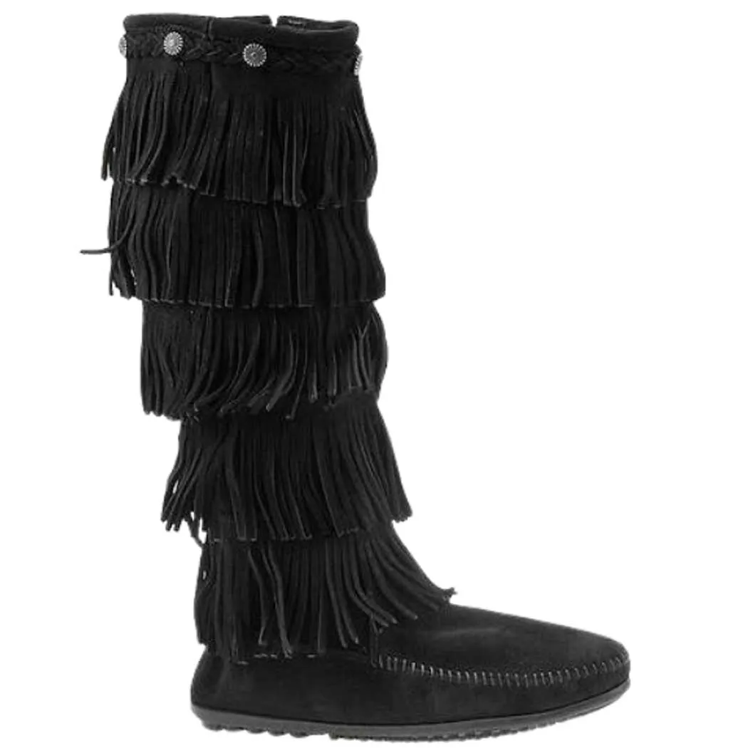 Minnetonka 5-Layer Fringe Boot Black Suede (Women's)