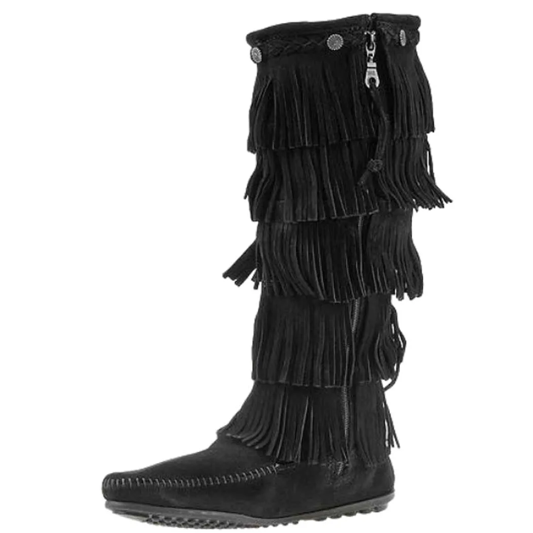 Minnetonka 5-Layer Fringe Boot Black Suede (Women's)